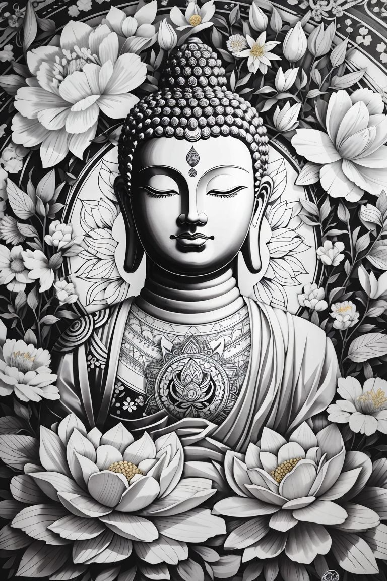 HUEFORGE - Buddha with Flowers Black and White