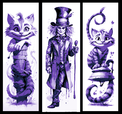 Set of 3 Bookmarks - Cat and Mad Hatter from Alice in Wonderland
