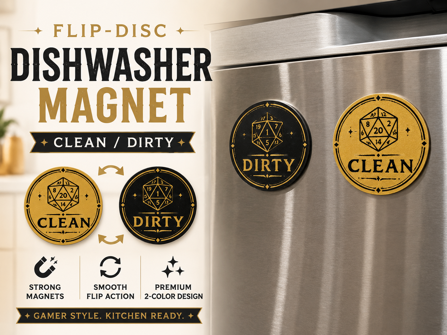 DnD themed D20 Clean/Dirty Dishwasher Magnet