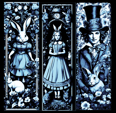 Set of 3 Bookmarks - The weird world of Alice in Wonderland tapestry style