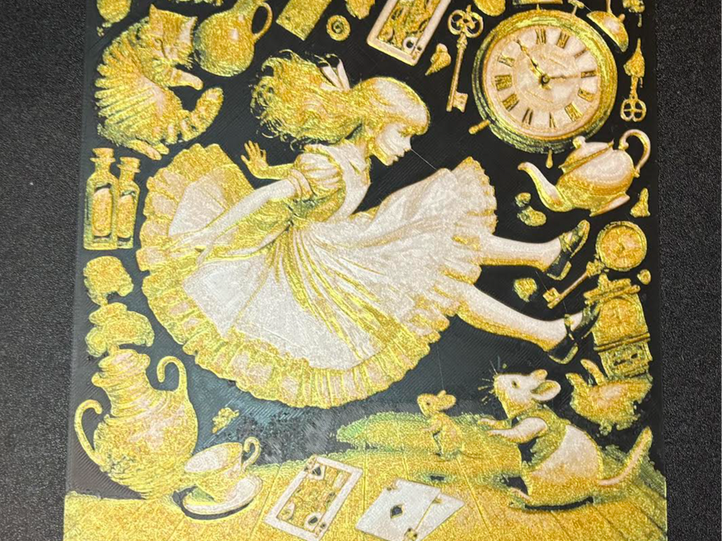 Hueforge Alice falling in gold