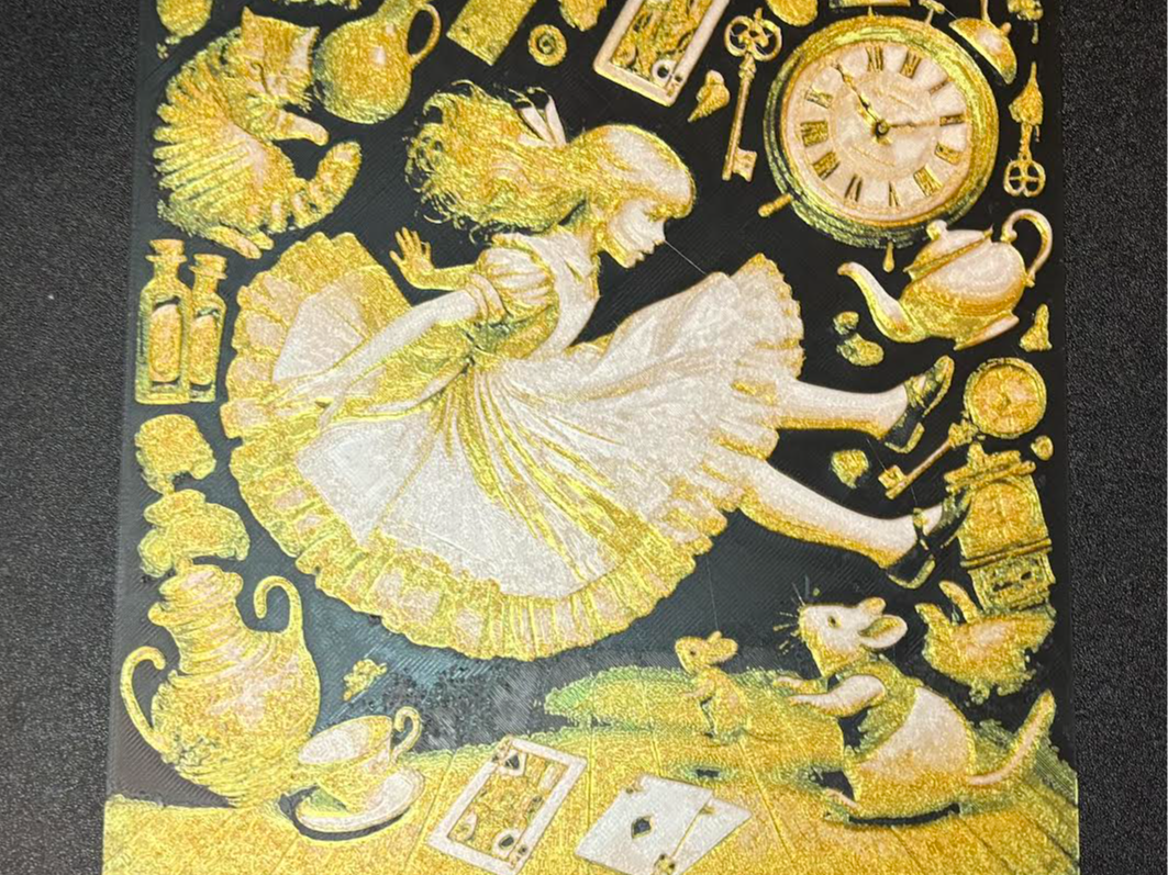 Hueforge Alice falling in gold