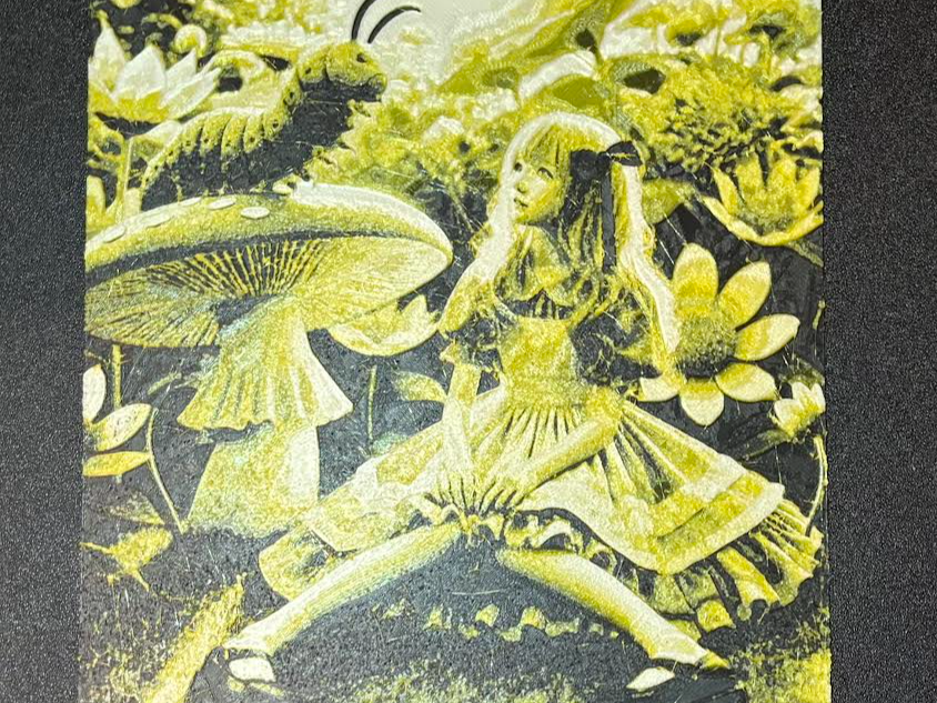 Hueforge Alice & caterpillar in a hue of yellow