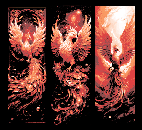 The Phoenix rising from its Death - Flaming Bird - Set of 3 Bookmarks