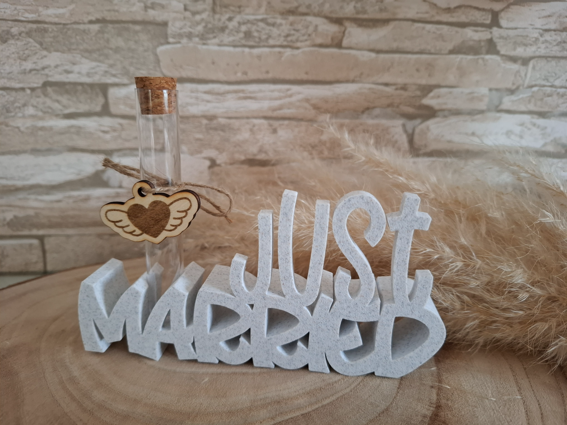Just Married Schriftzug mit Halter für Reagenzglas