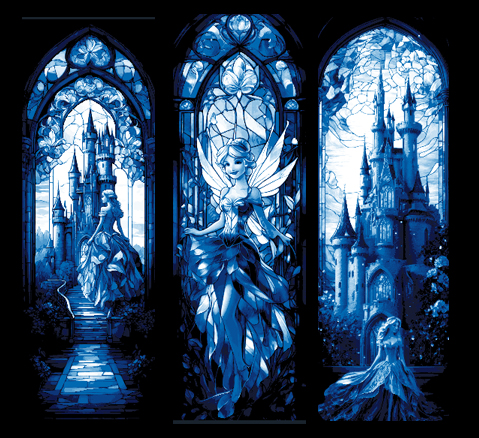 Set of 3 Bookmarks - Grand Stained Glass windows of Fantasy with Castles and Princesses