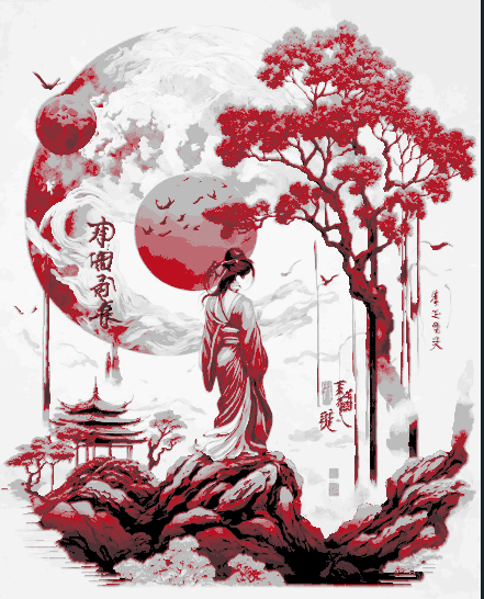 Wall Art - Asian Designs - Red on Black and White - Walking in the Gardens of the Temple