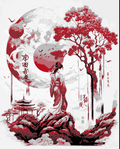 Wall Art - Asian Designs - Red on Black and White - Walking in the Gardens of the Temple