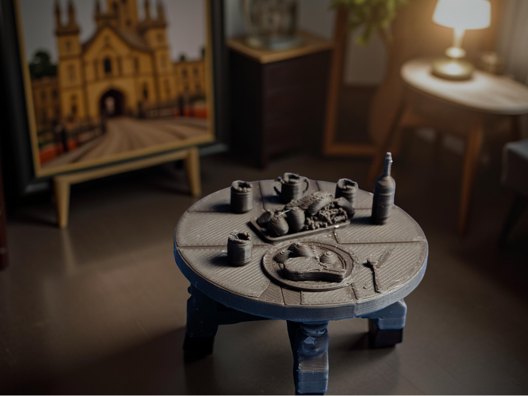 Miniature table with food and drinks
