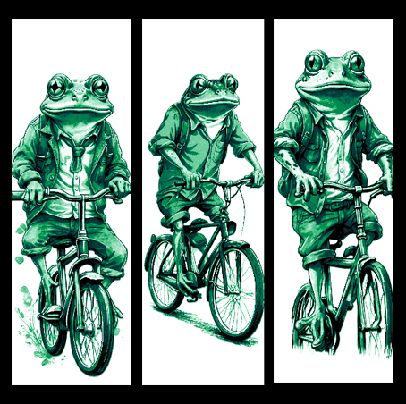 Set of 3 Bookmarks - Mr. Frog riding his bike around town admiring the world