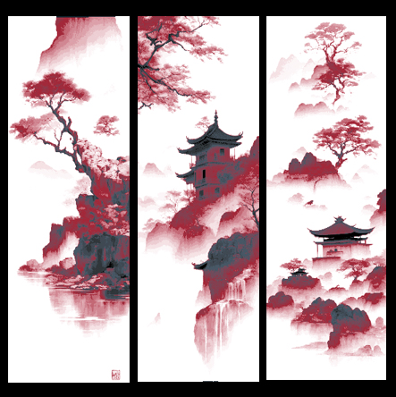 Vietnamese Temple and trees Art - Traditional style set of 3 Bookmarks