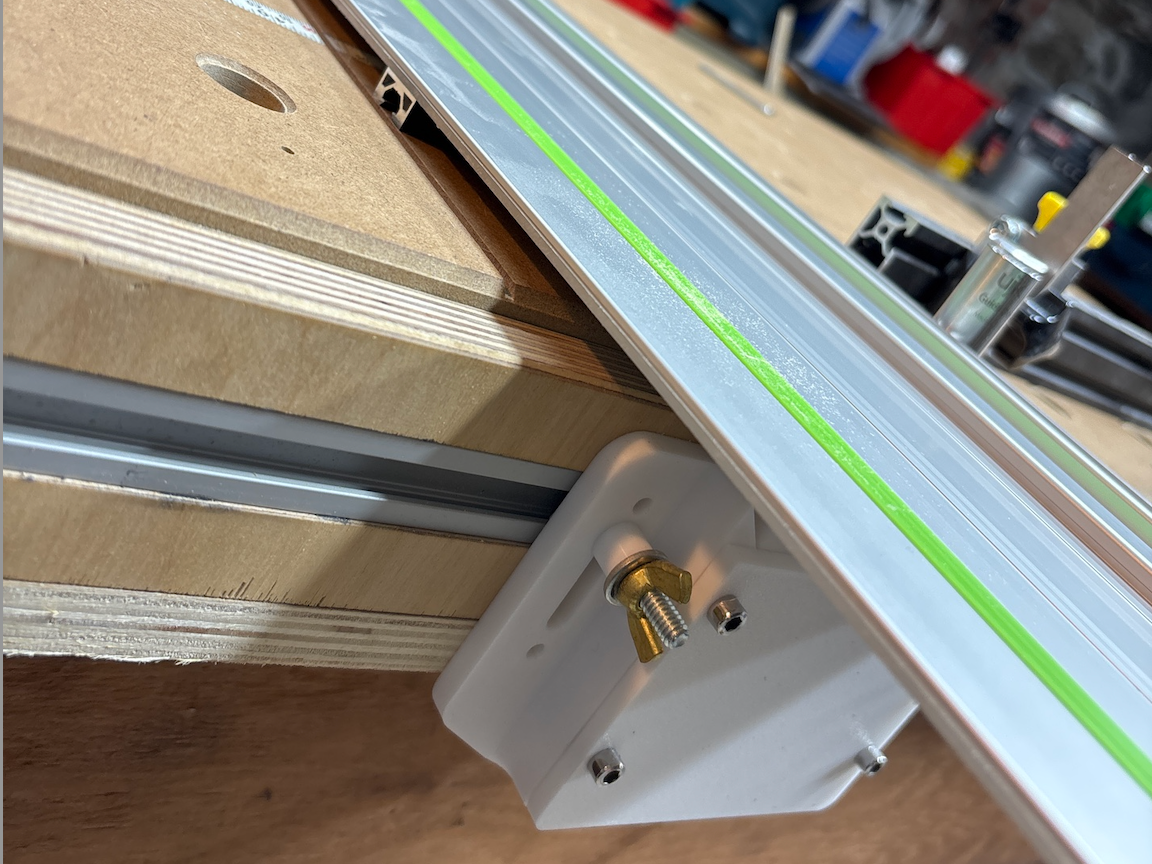 Rail Hinge for track saw and MFT-style workbench