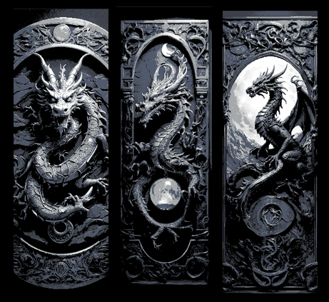 Dragon and the Moon Carvings in Black and White - Set of 3 Bookmarks