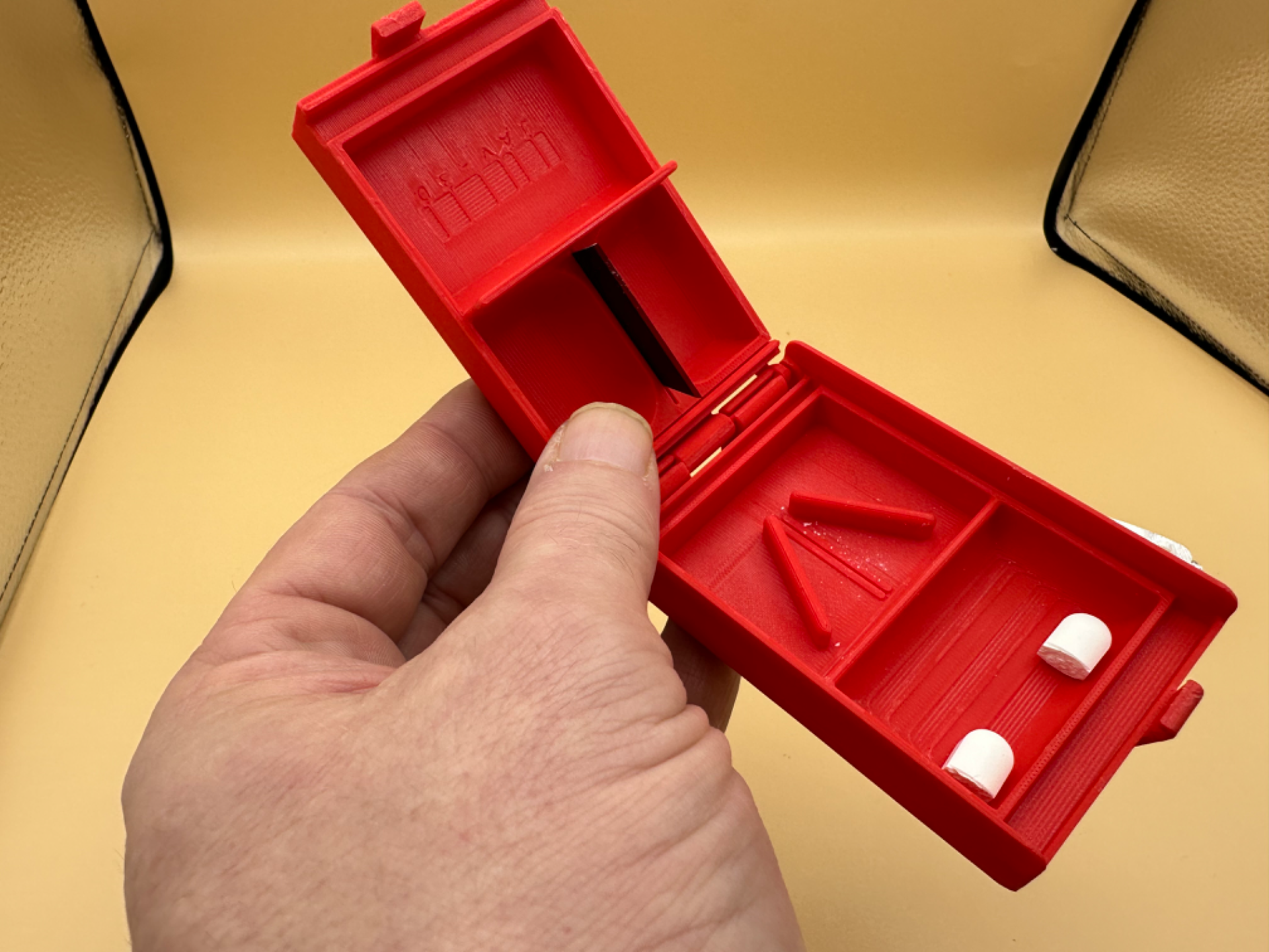 Pill Box with Integrated Cutter-Scraper Blade