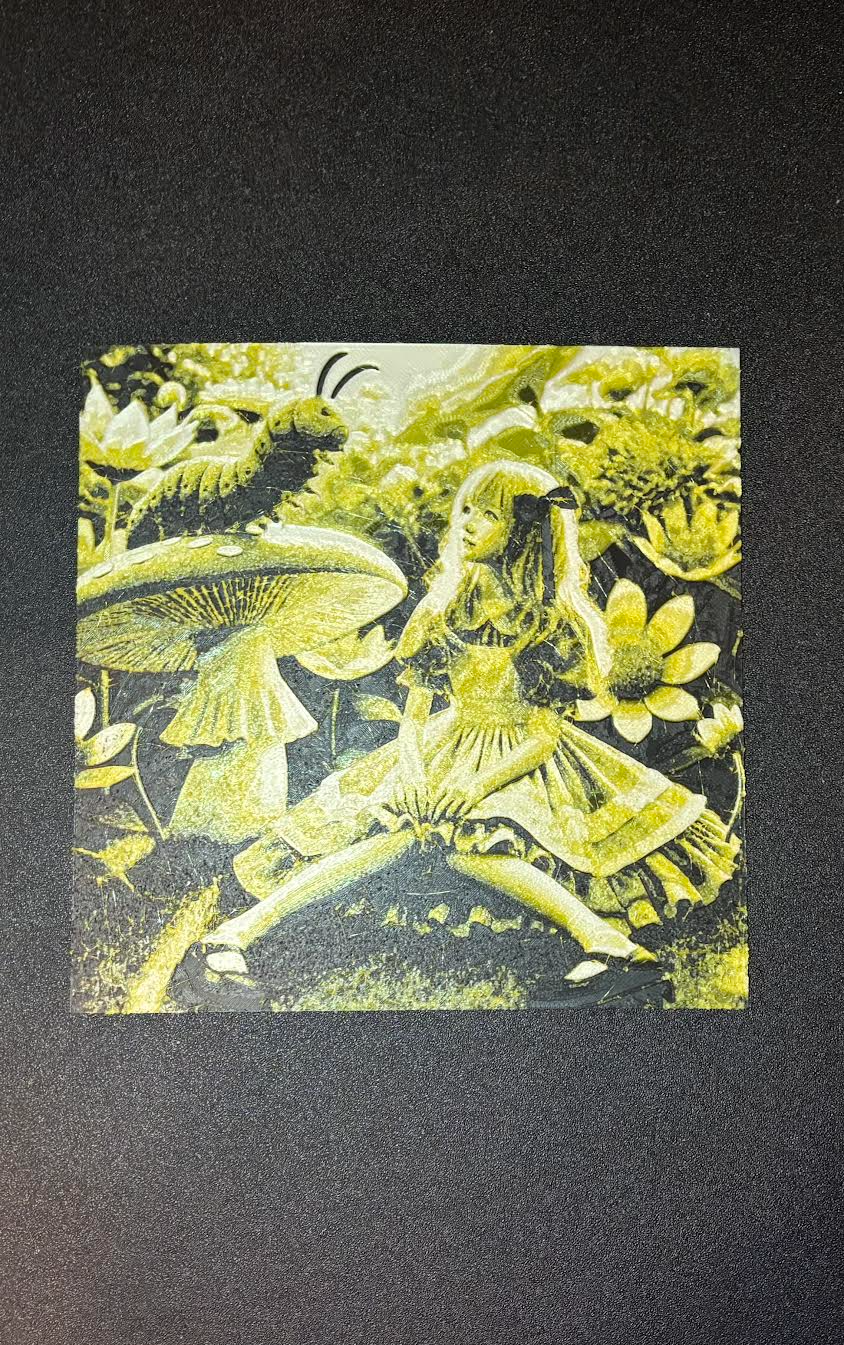 Hueforge Alice & caterpillar in a hue of yellow