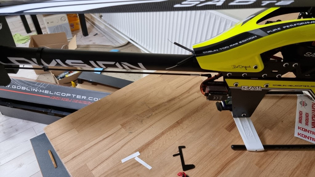 Sab Goblin Raw. Antenna Guide Swash Leveler and receiver tray.