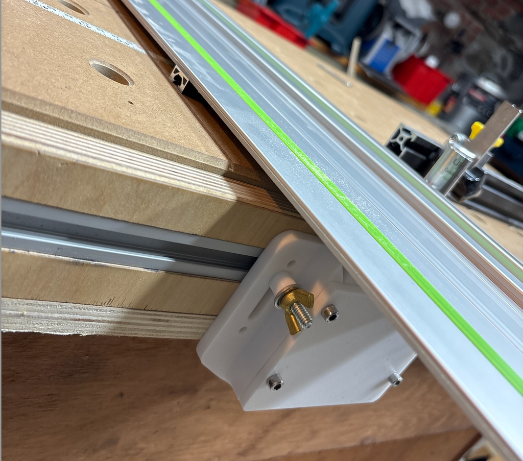 Rail Hinge for track saw and MFT-style workbench