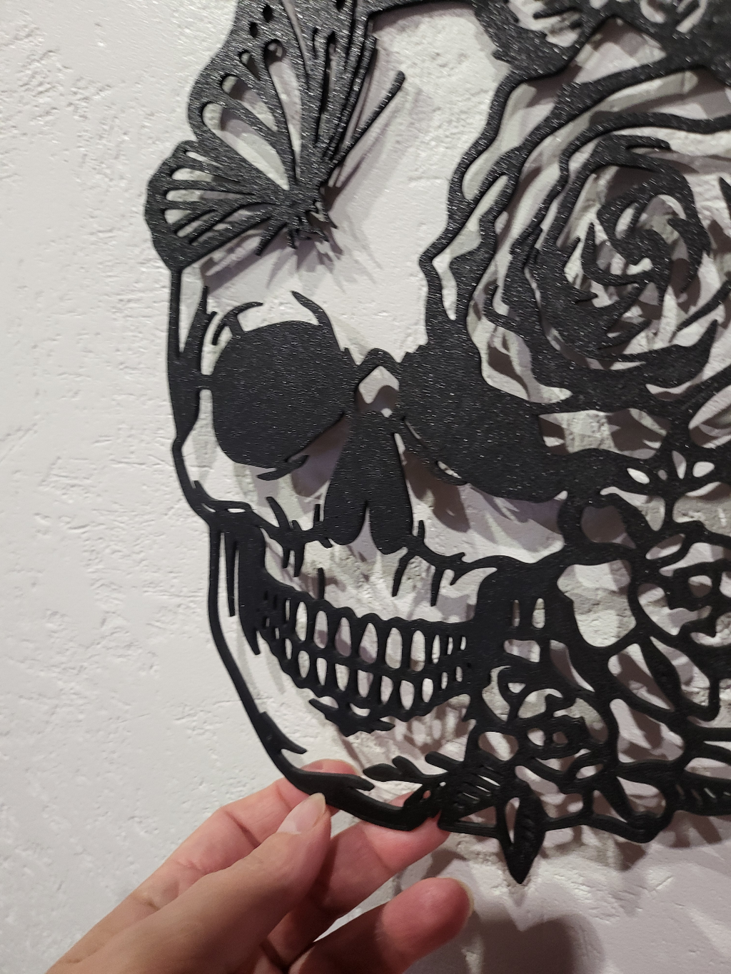 tête de mort, fleur, papillon murale 3D