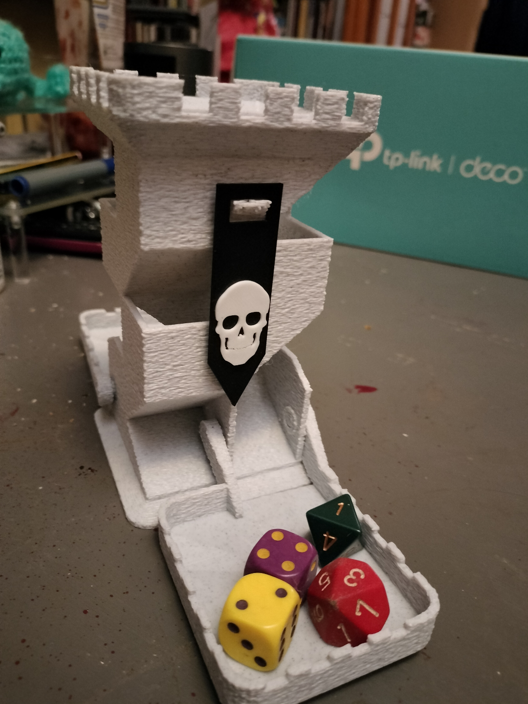 Dice tower with folding trays and pennants