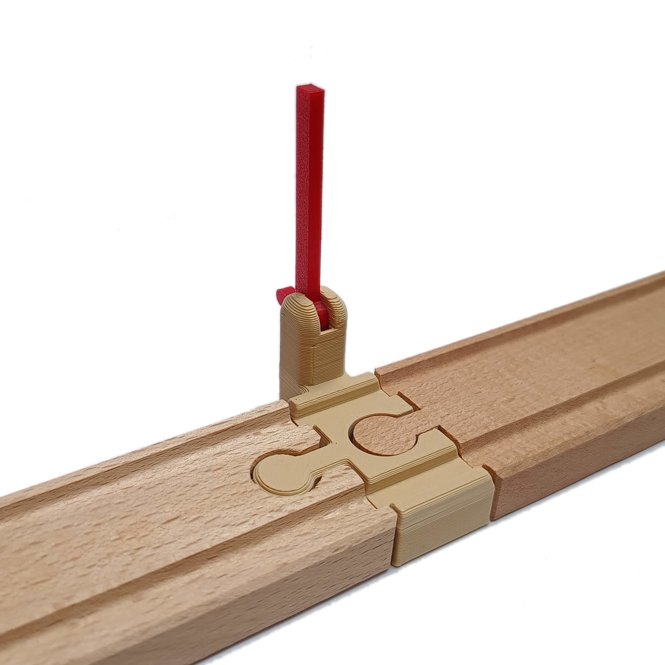 Universal railway barrier track for wooden train