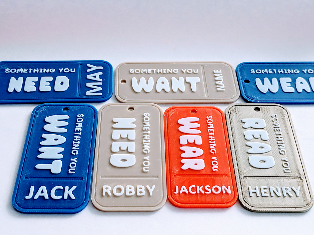 Want, Need, Wear, Read Gift Tags With Custom Names