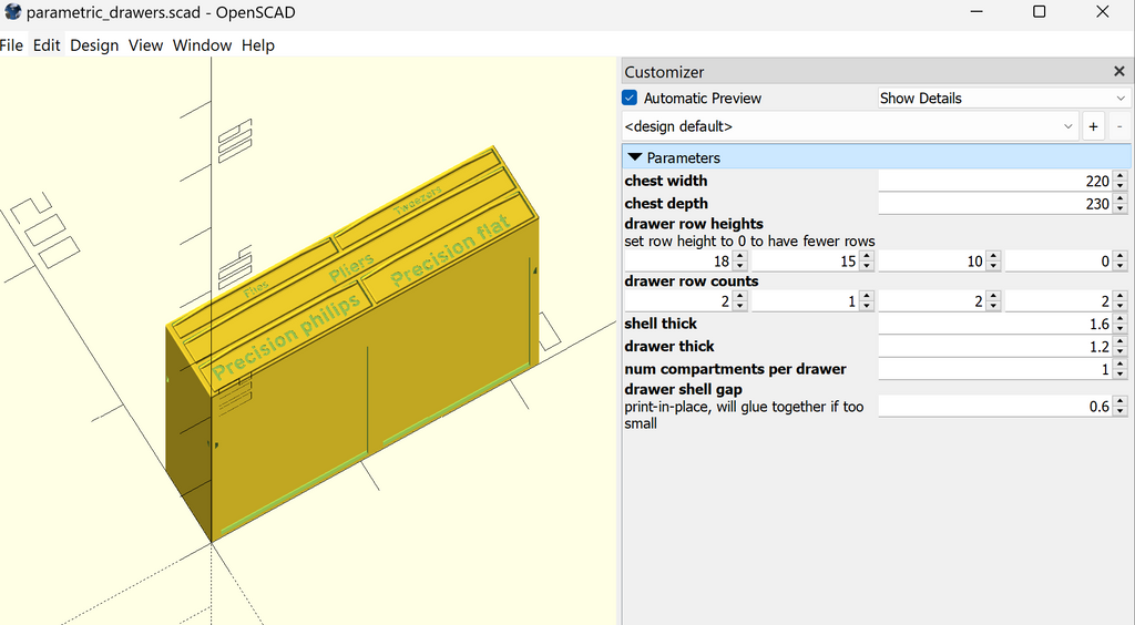 Maker drawers OpenSCAD parametric & print-in-place
