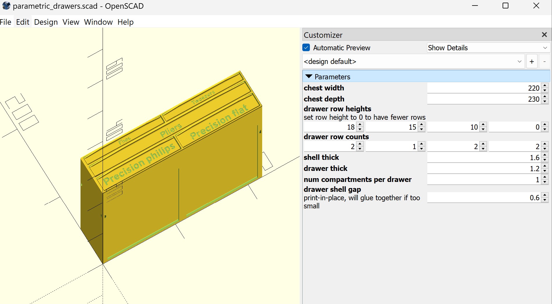 Maker drawers OpenSCAD parametric & print-in-place