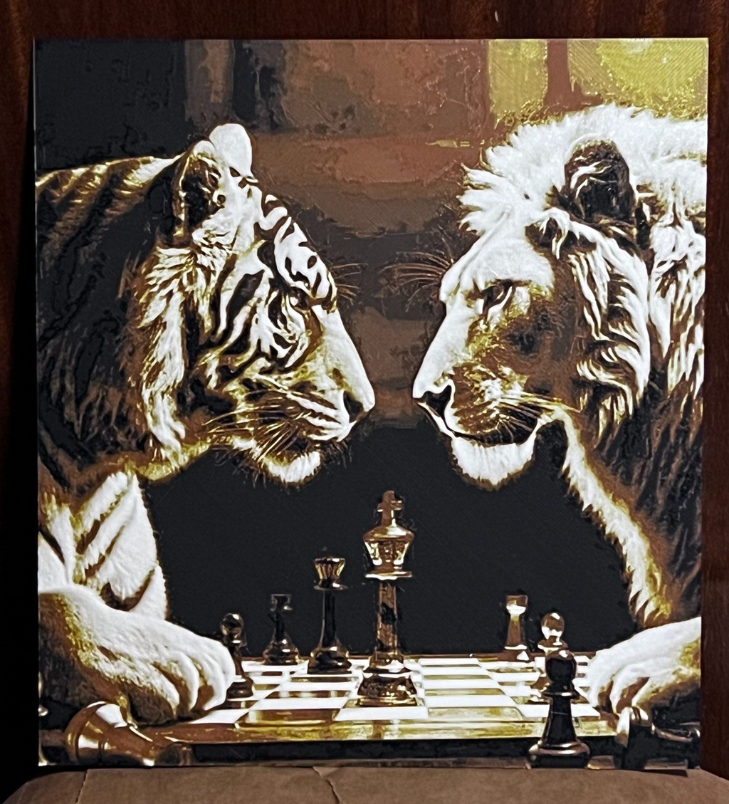 Tiger and Lion play chess Hueforge