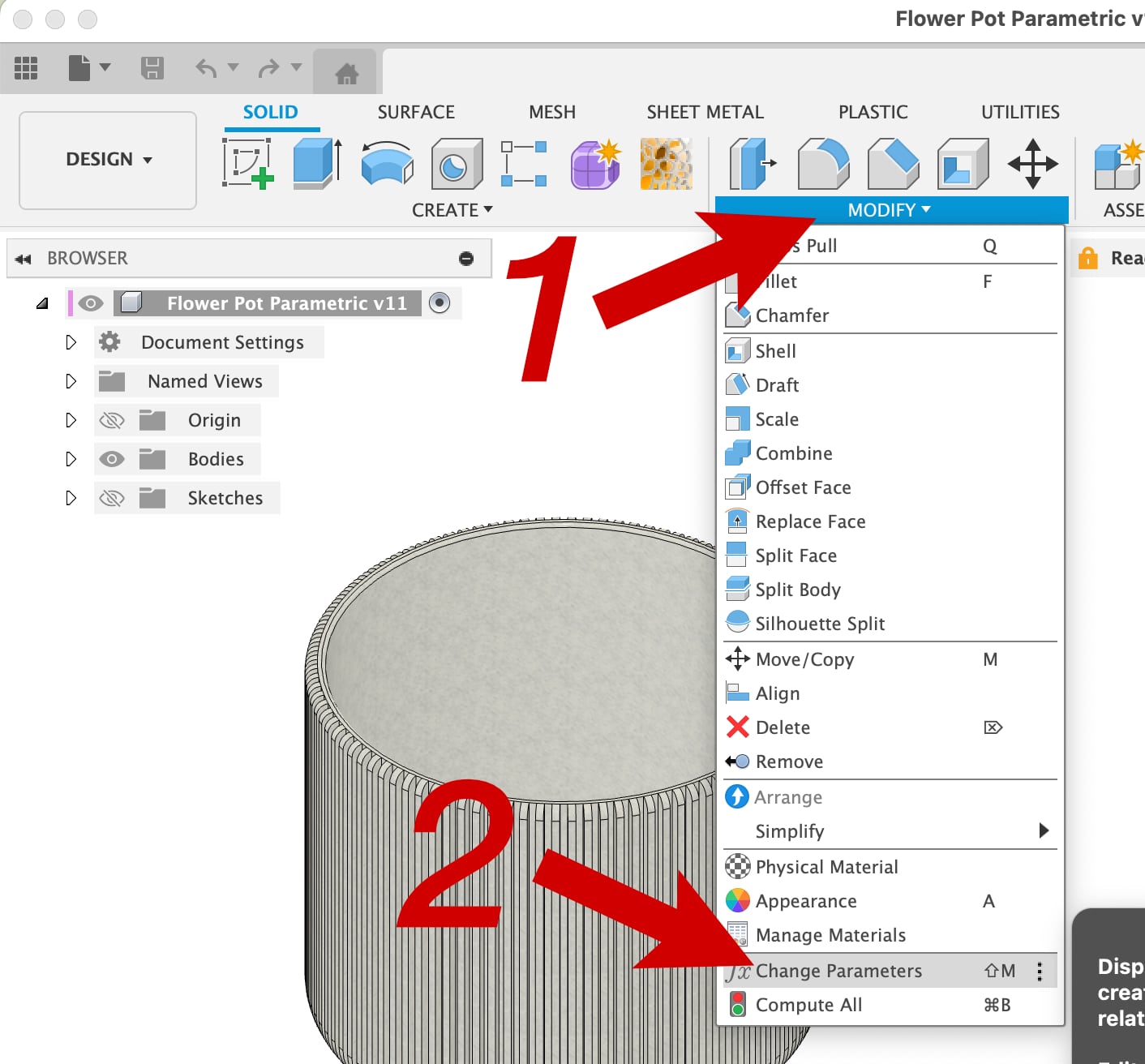Flower Pot with Ridges – Parametric (Fusion 360)