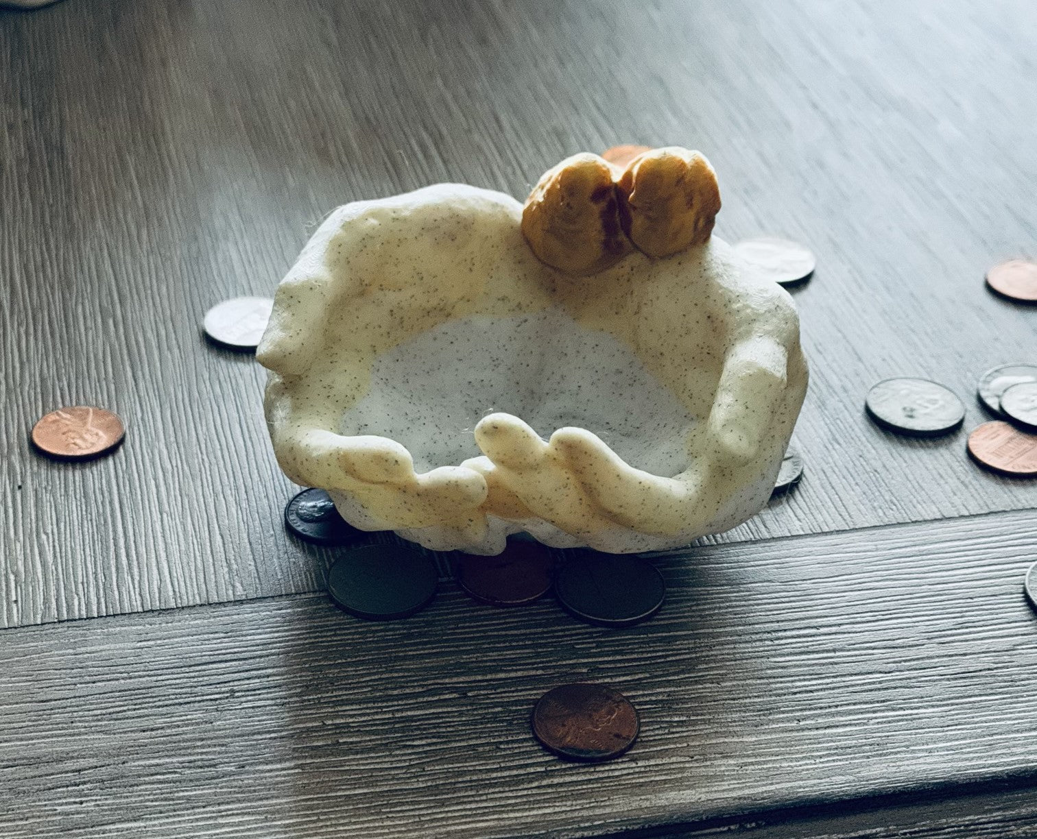 Cupped hands with birds on wrist holder