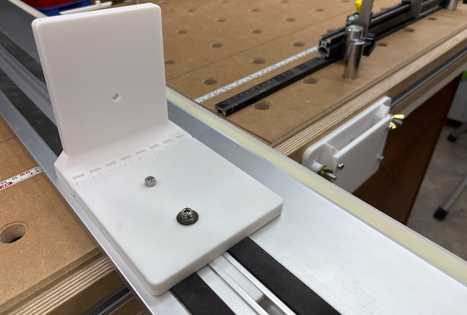 Rail Hinge for track saw and MFT-style workbench