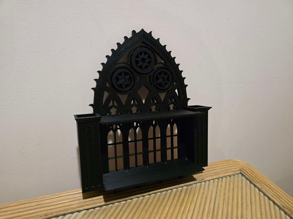 cathedral window shelf with key hooks and vases