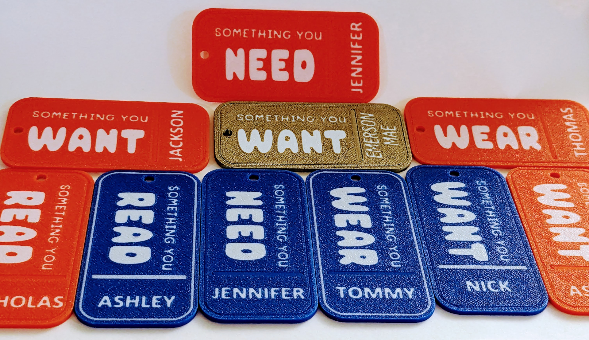 Want, Need, Wear, Read Gift Tags With Custom Names