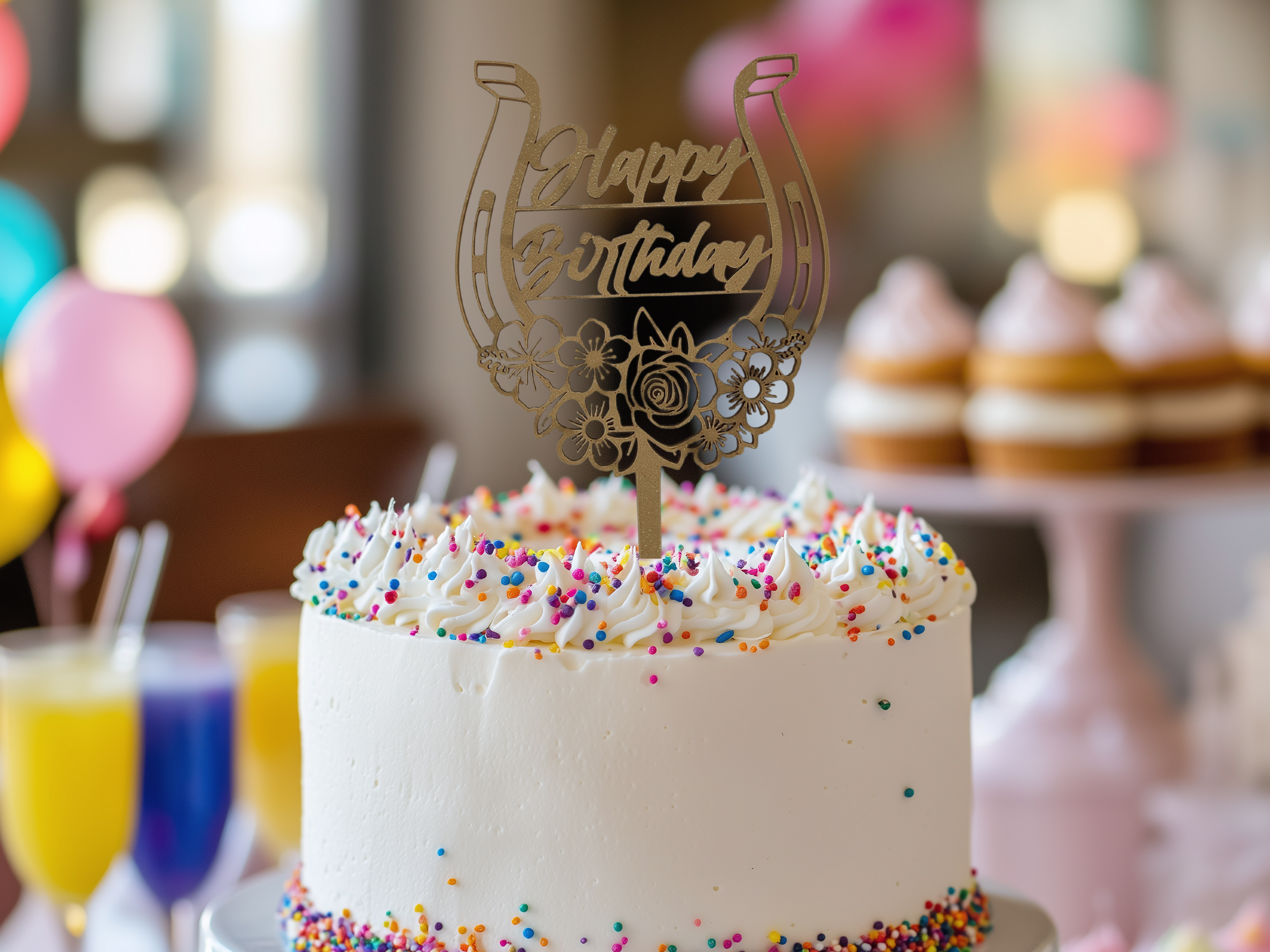 Caketopper Happy Birthday Horseshoe with Flowers