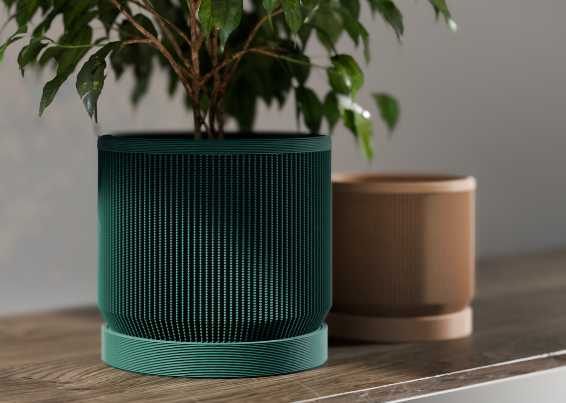 Mid Century Modern Ribbed Planter with Drip Tray