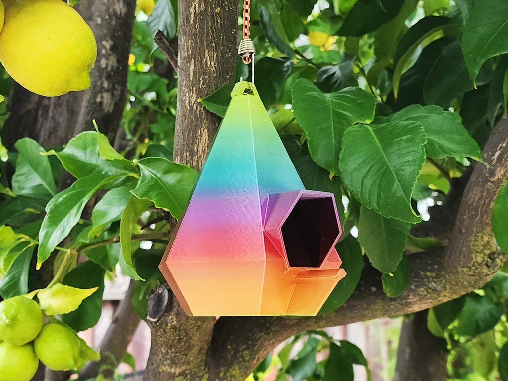 Hanging Hex Birdhouse with Perch & Awning