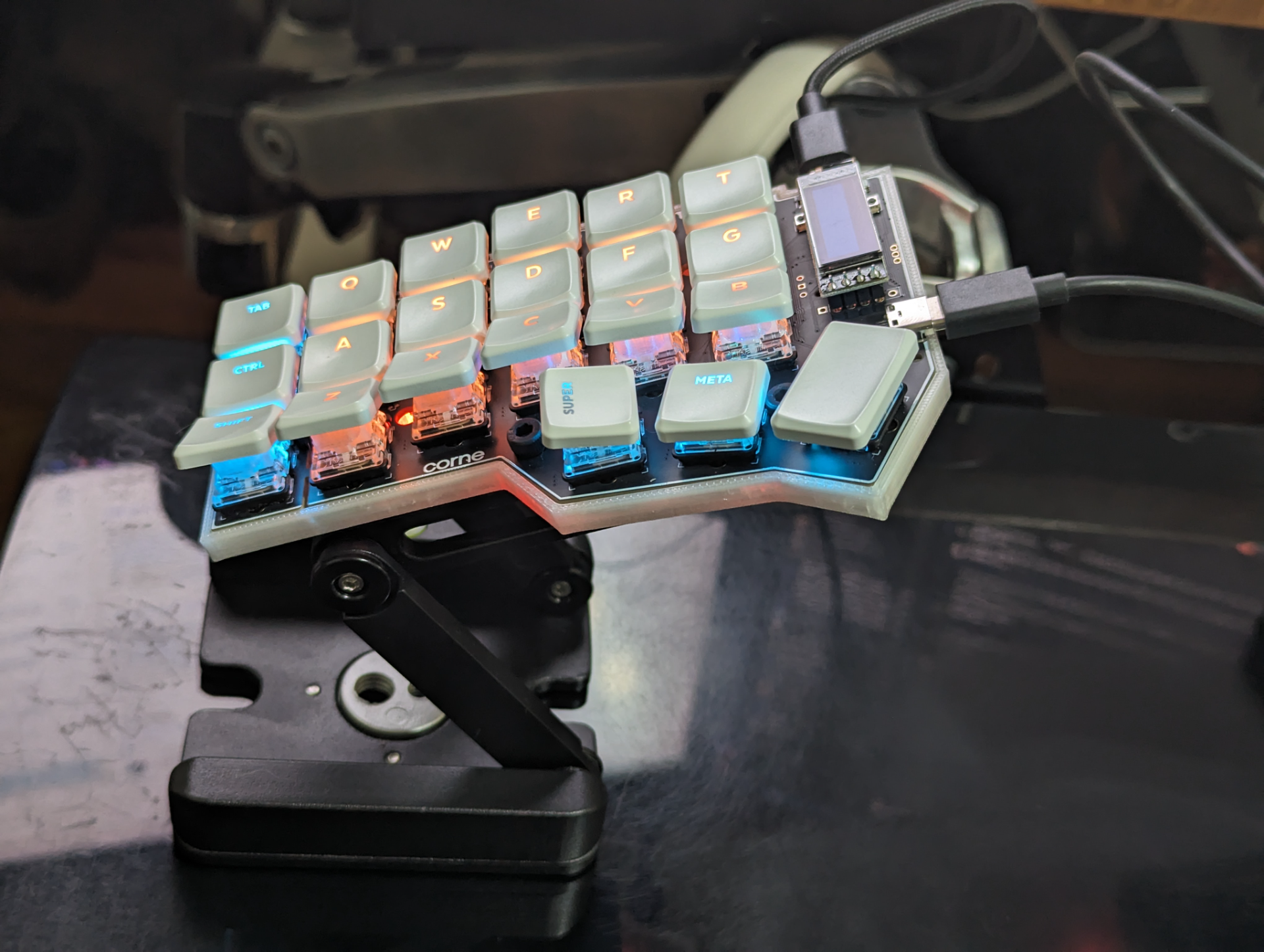 Ergonomic corne keyboard custom case, mount and choc key tilts