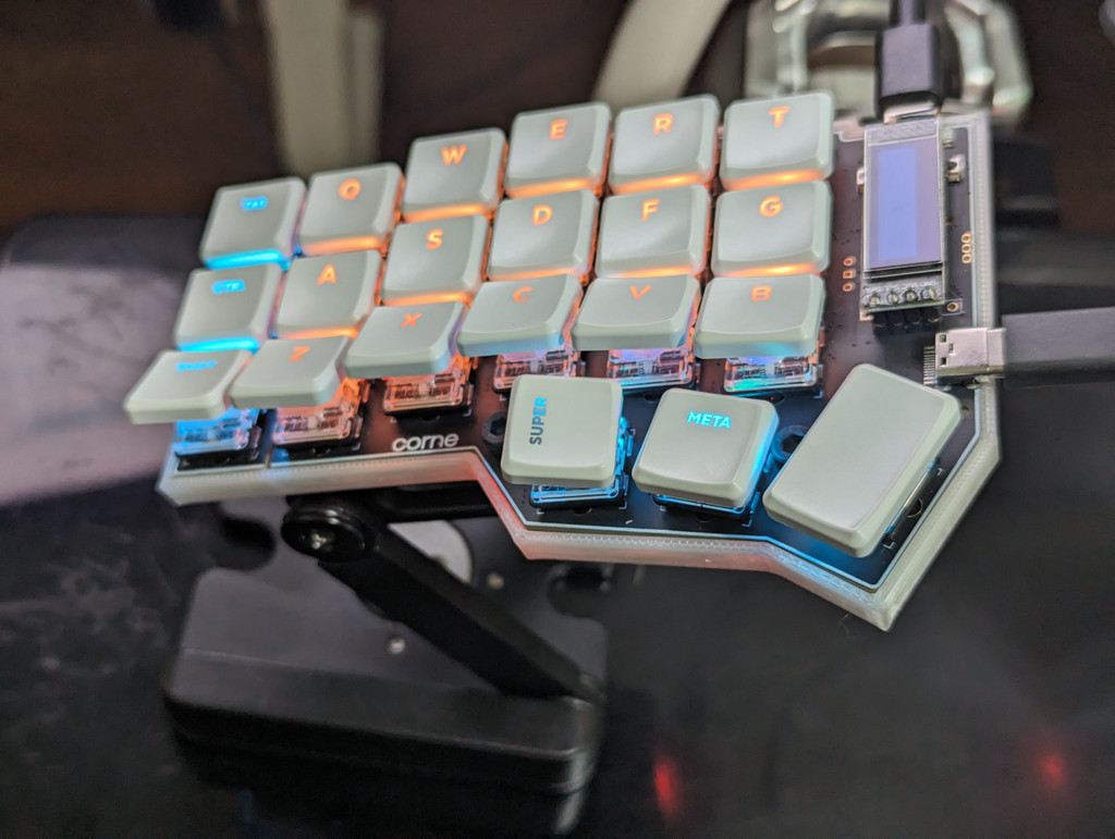 Ergonomic corne keyboard custom case, mount and choc key tilts