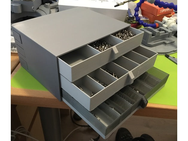 Screw and small parts storage container and drawers