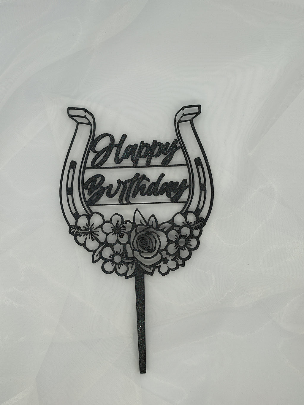 Caketopper Happy Birthday Horseshoe with Flowers