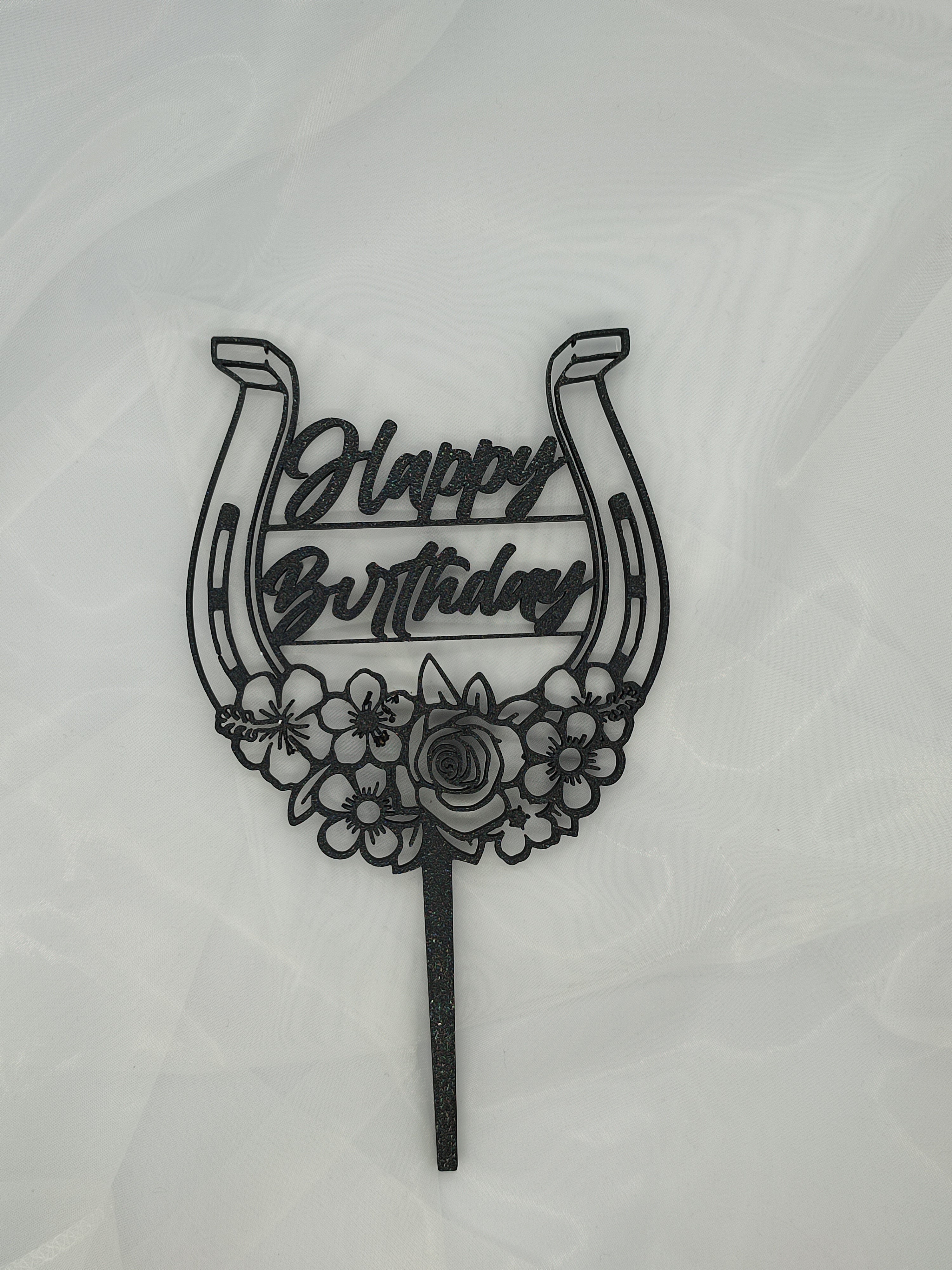 Caketopper Happy Birthday Horseshoe with Flowers